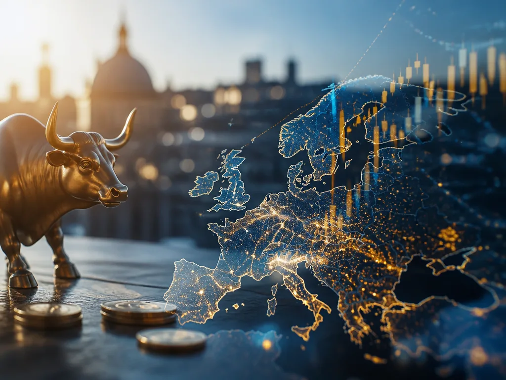 Europakarta med glödande finansiella datapunkter och stigande börskurvor i blått och guld