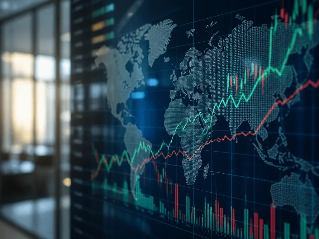 Global börsdata på en handelsskärm med världskarta och stigande kurvor, symboliserar en global aktiefond