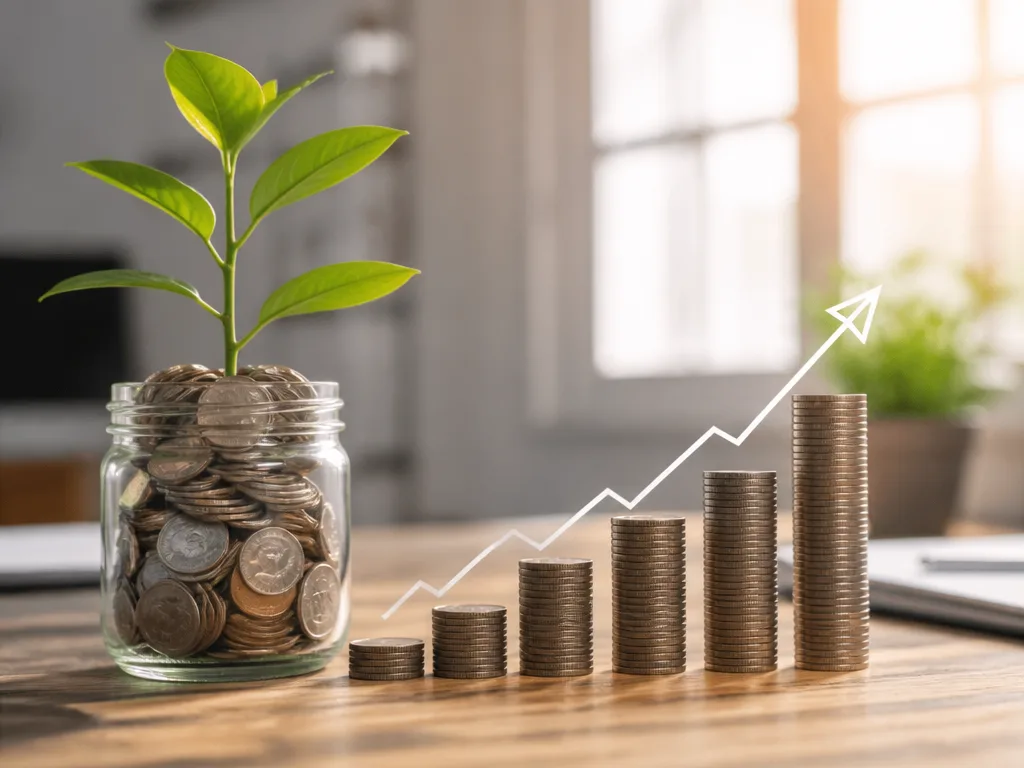 Glasburk med mynt och en liten grön planta bredvid ett stigande finansdiagram på ett träskrivbord