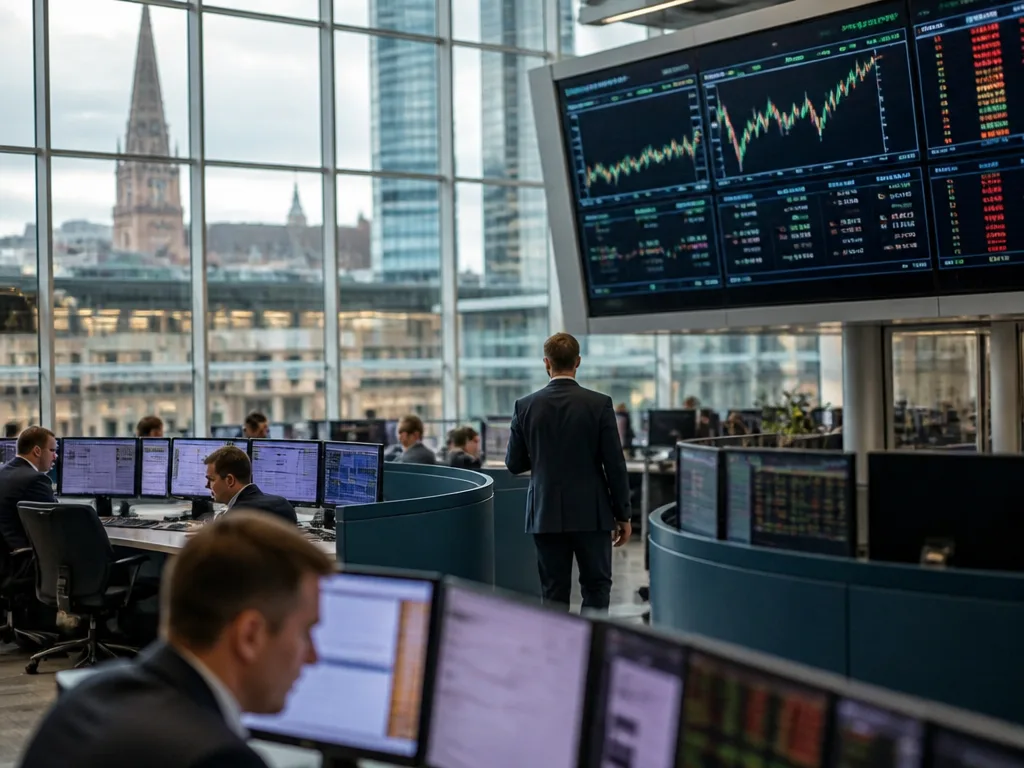 Handelsgolv på en börs med digitala skärmar som visar marknadskurser