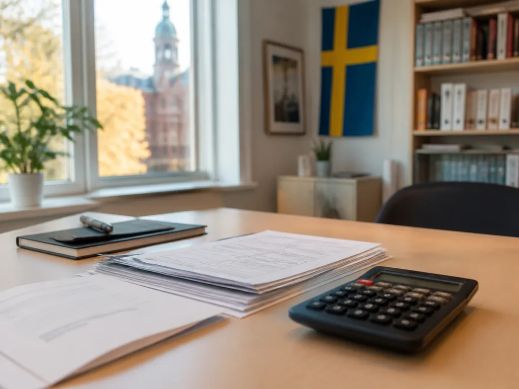 Studentlånedokument och kalkylator på ett skrivbord – illustration av CSN-ränta och studielånsåterbetalning