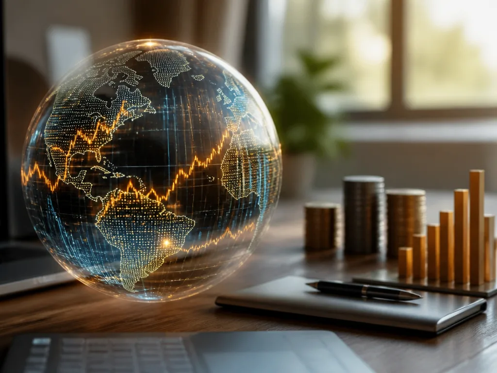 Ett jordklot format av stigande finansdiagram och börskurser på ett modernt investeringsskrivbord