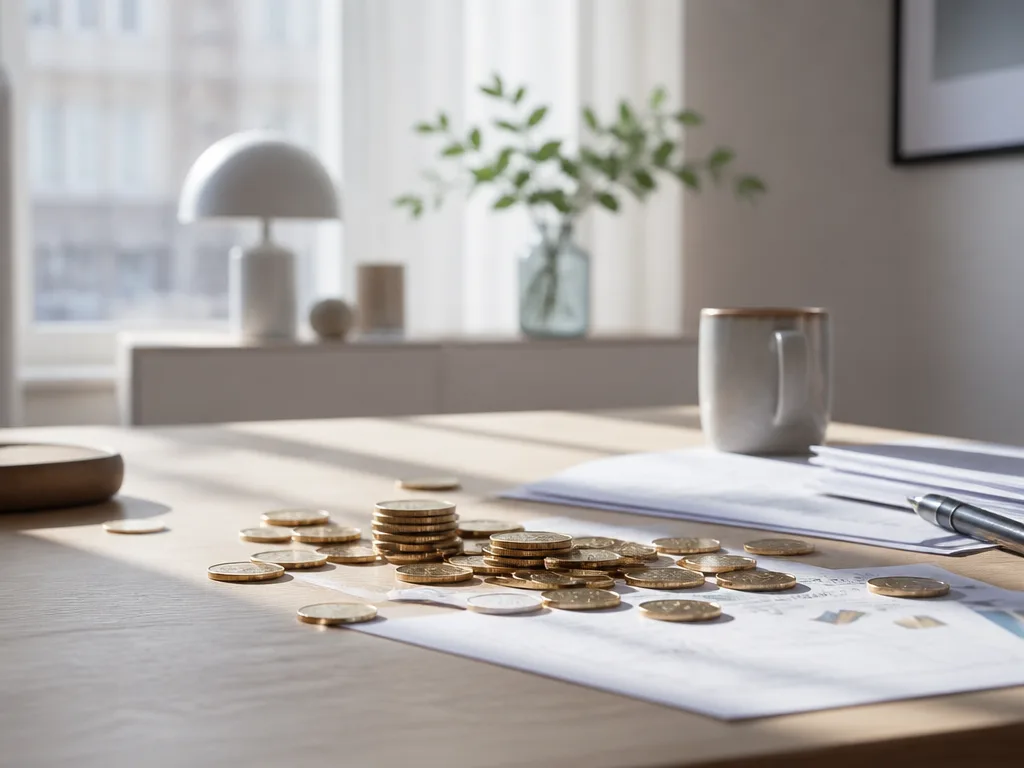 Guldmynt och finansiella dokument på ett minimalistiskt skandinaviskt skrivbord – symboliserar Handelsbankens utdelning 2026