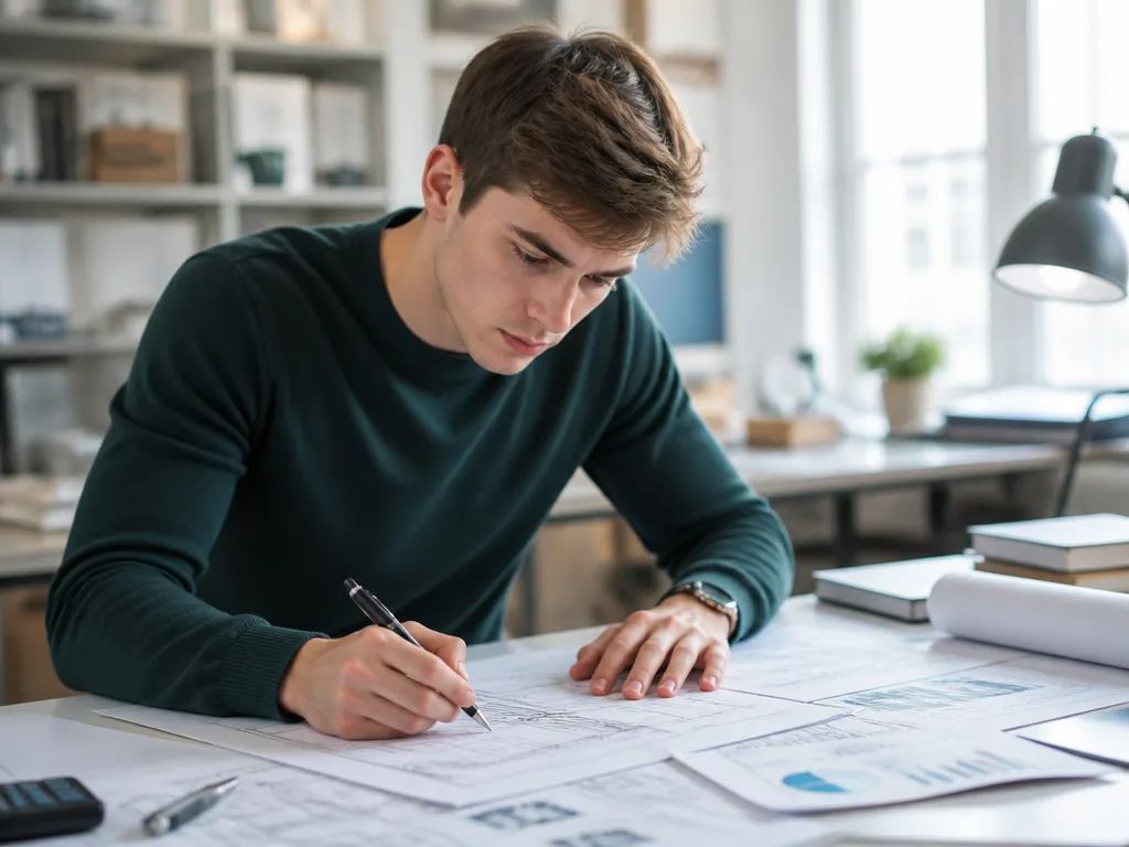 Ingenjörsstudent vid skrivbord med tekniska ritningar och affärsdiagram – symboliserar industriell ekonomi som förenar teknik och ekonomi