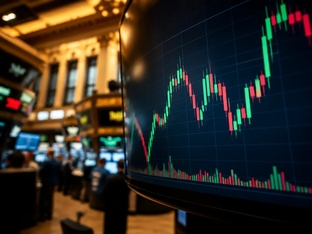 Börsskärm med stigande och fallande aktiekurser i rött och grönt, symboliserar Klarna-aktien på New York-börsen