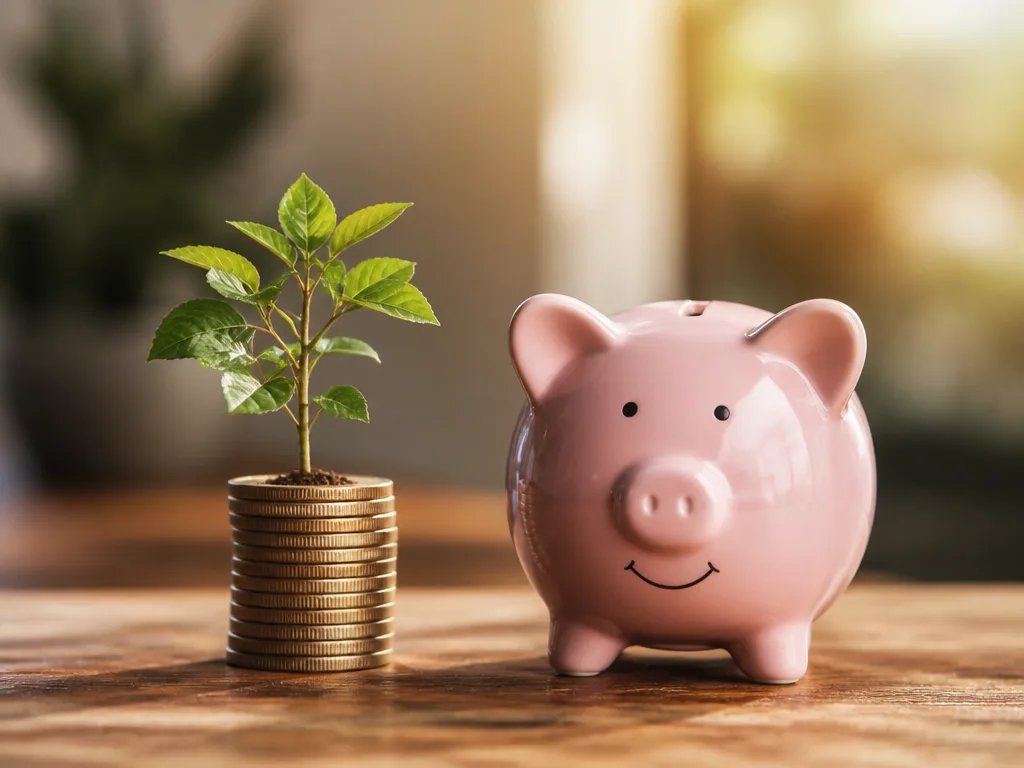 En liten planta som växer upp ur en hög med mynt bredvid en spargris, som symboliserar privat pensionssparande