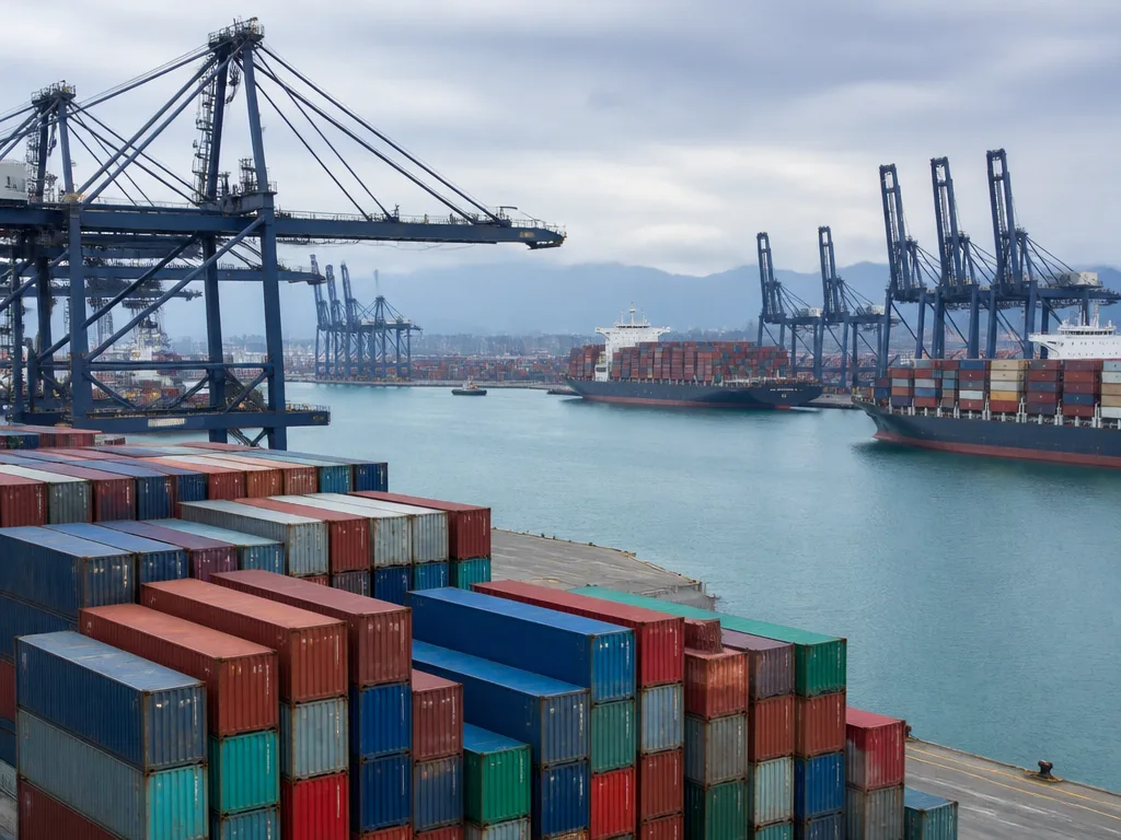 Containrar och kranar i en hamn i disigt morgonljus, symbol för internationell handel och tullar