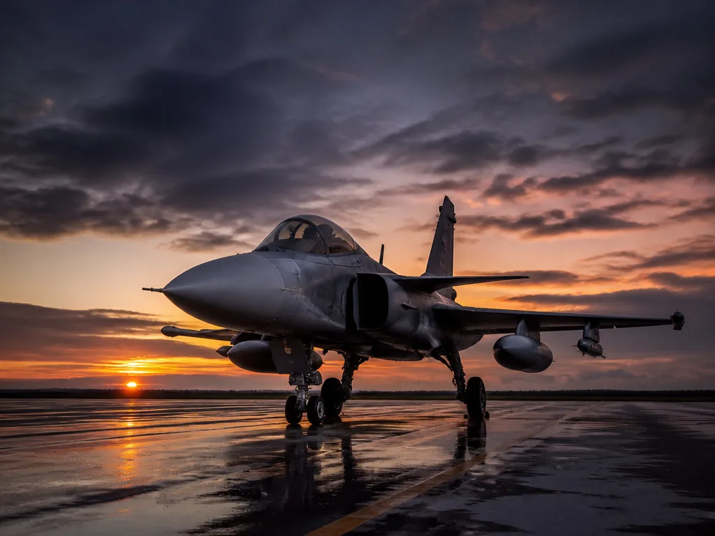 Saab Gripen-stridsflygplan på landningsbana i skymning mot dramatisk himmel