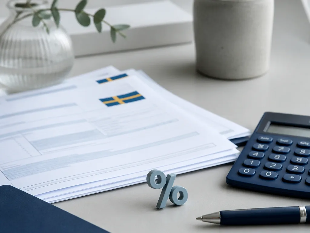 Skattehandlingar och kalkylator på ett städat skrivbord, symboliserar beräkning av skatt på utdelning
