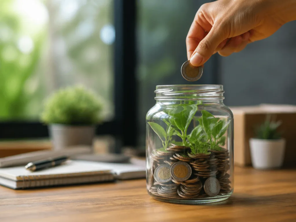 Hand som lägger en mynt i en glasburk med gröna plantor, symboliserar fondsparande och sparande som växer över tid