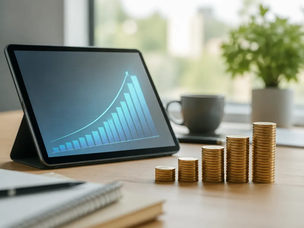 Surfplatta med ett stigande investeringsdiagram bredvid staplade mynt, symboliserar fondsparande och pension