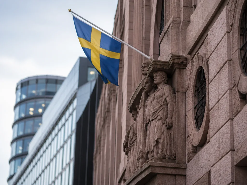 Riksbankshuset och svenska kronor som symboliserar penningpolitik och styrränta