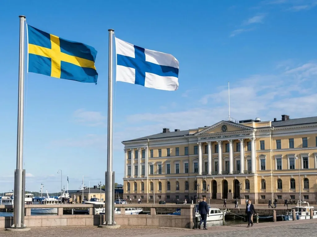Finlands och Sveriges flaggor vajar framför ett regeringsbyggnad i Helsingfors.