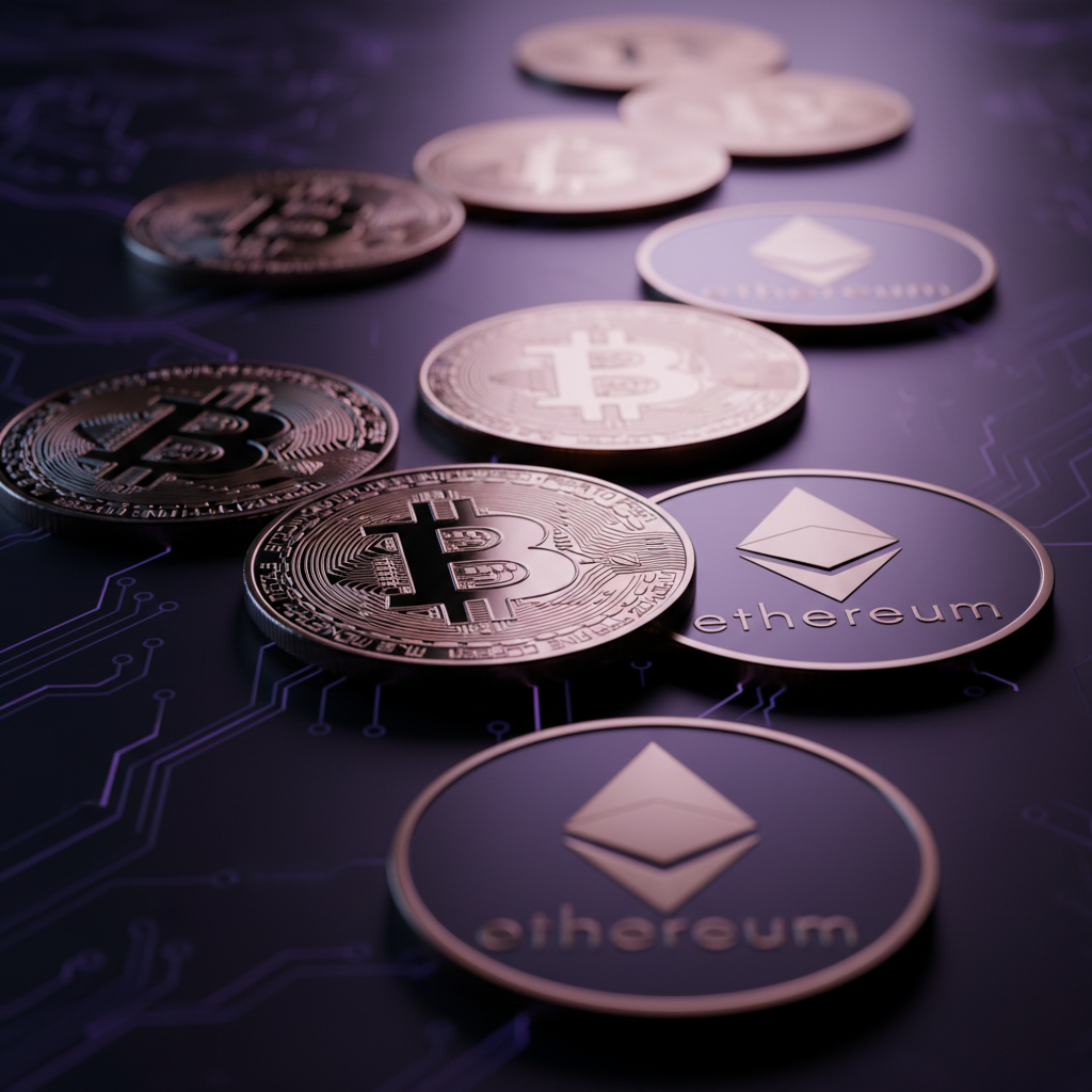 Bitcoin och kryptovalutor med dramatisk belysning